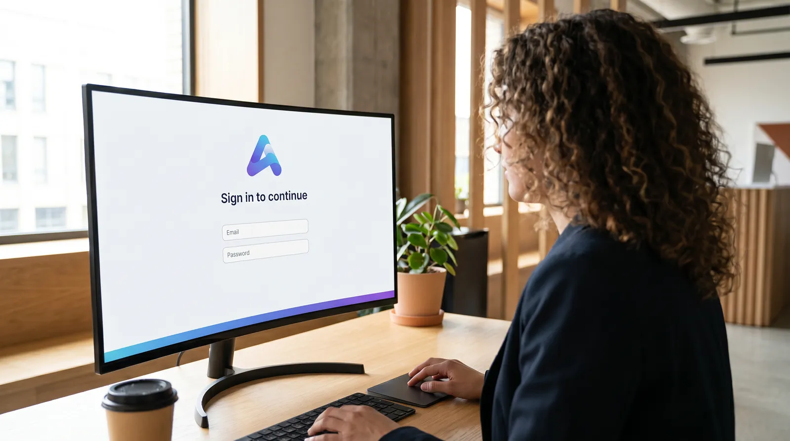 An agency owner at a clean modern desk reviewing a custom-branded software login portal on a desktop monitor, conveying the white-label SaaS reseller setup.